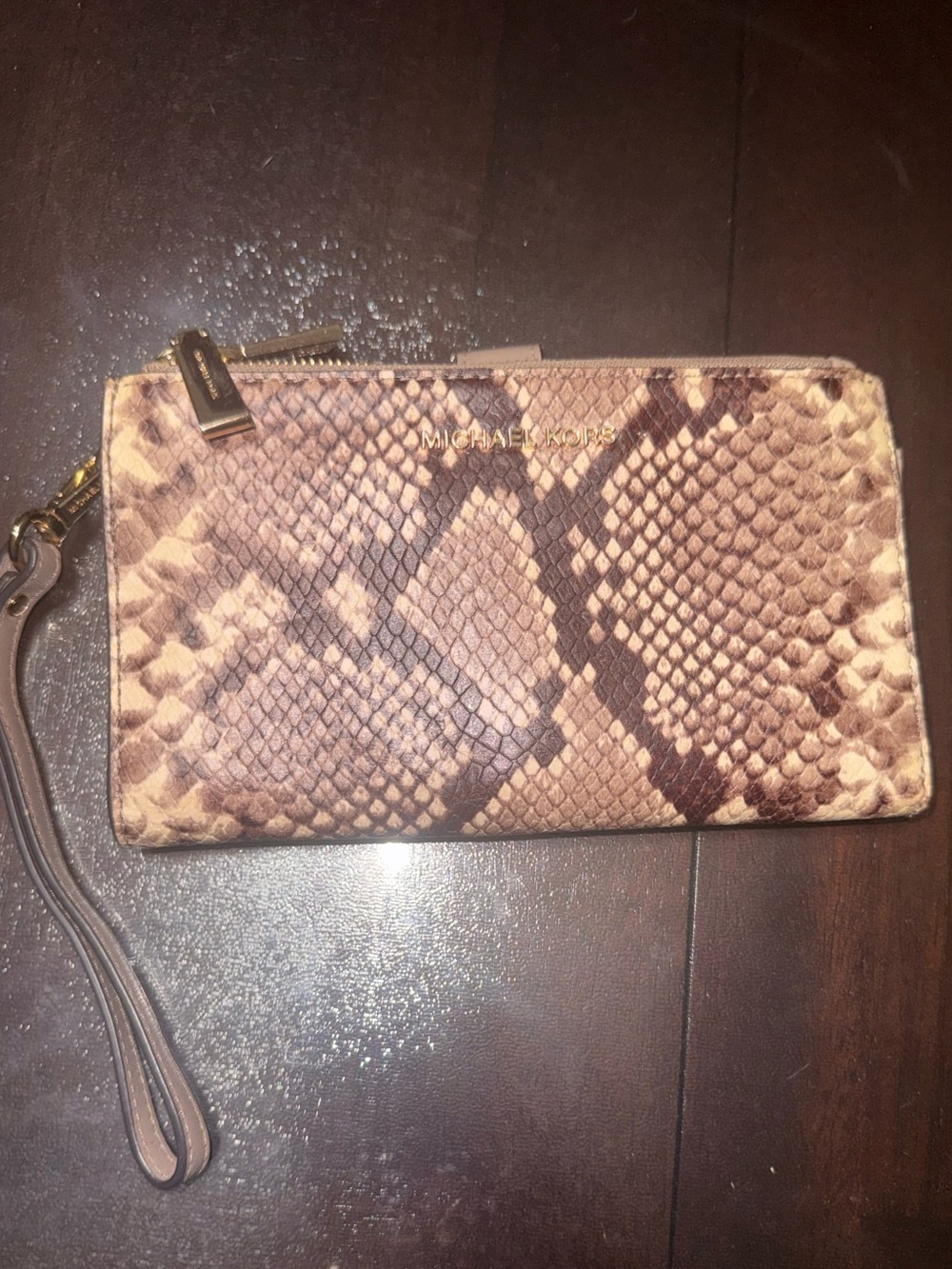 Michael Kors Tan and Brown Snake-Print Wristlet